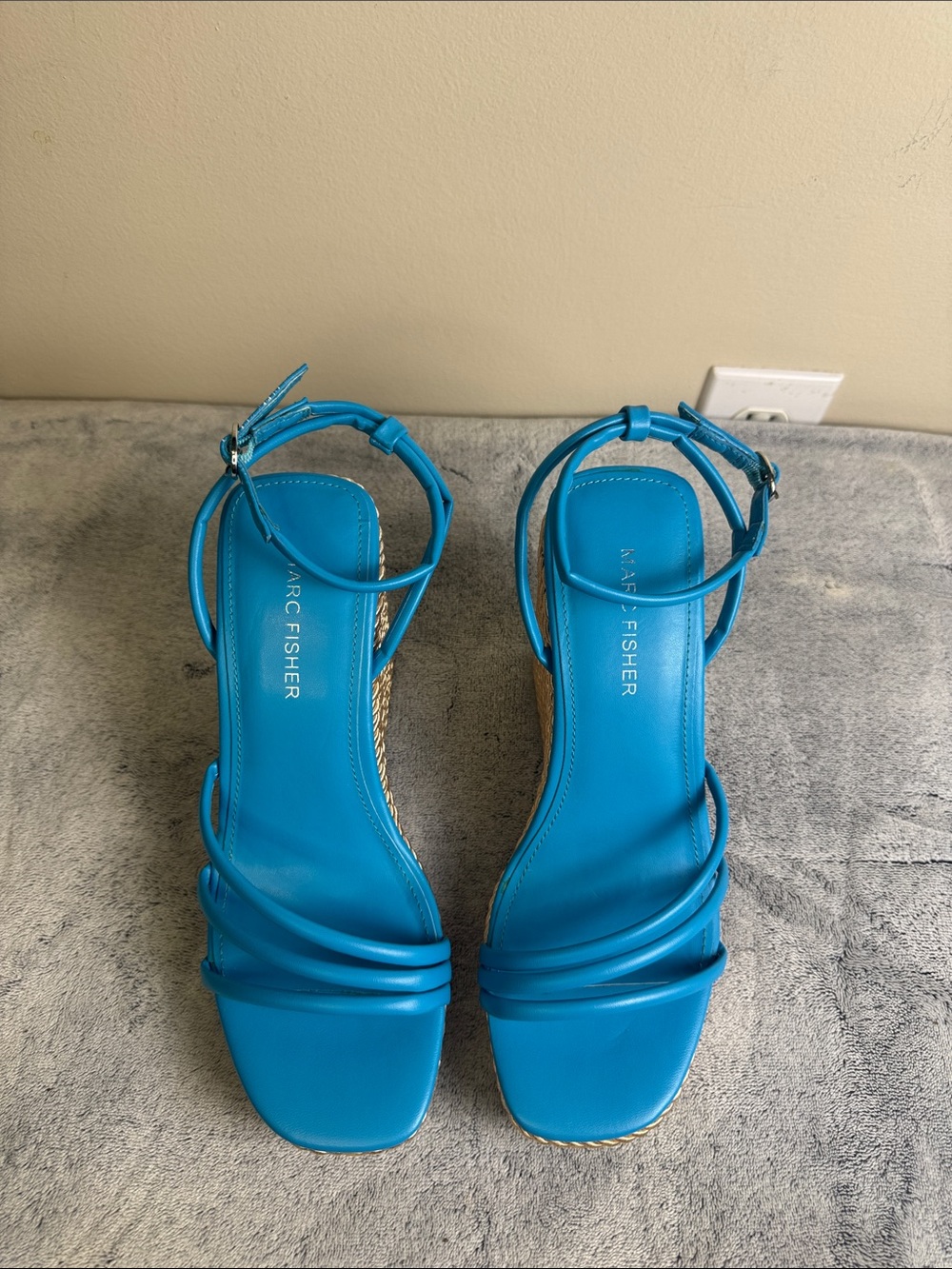 Marc Fisher Blue Leather Ankle Strap Espadrille Wedge Heel Sandal - Size 7 NWOB